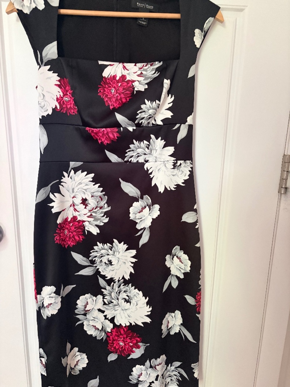 White House Black Market Black Satin Floral Dress Square Neck Size 0